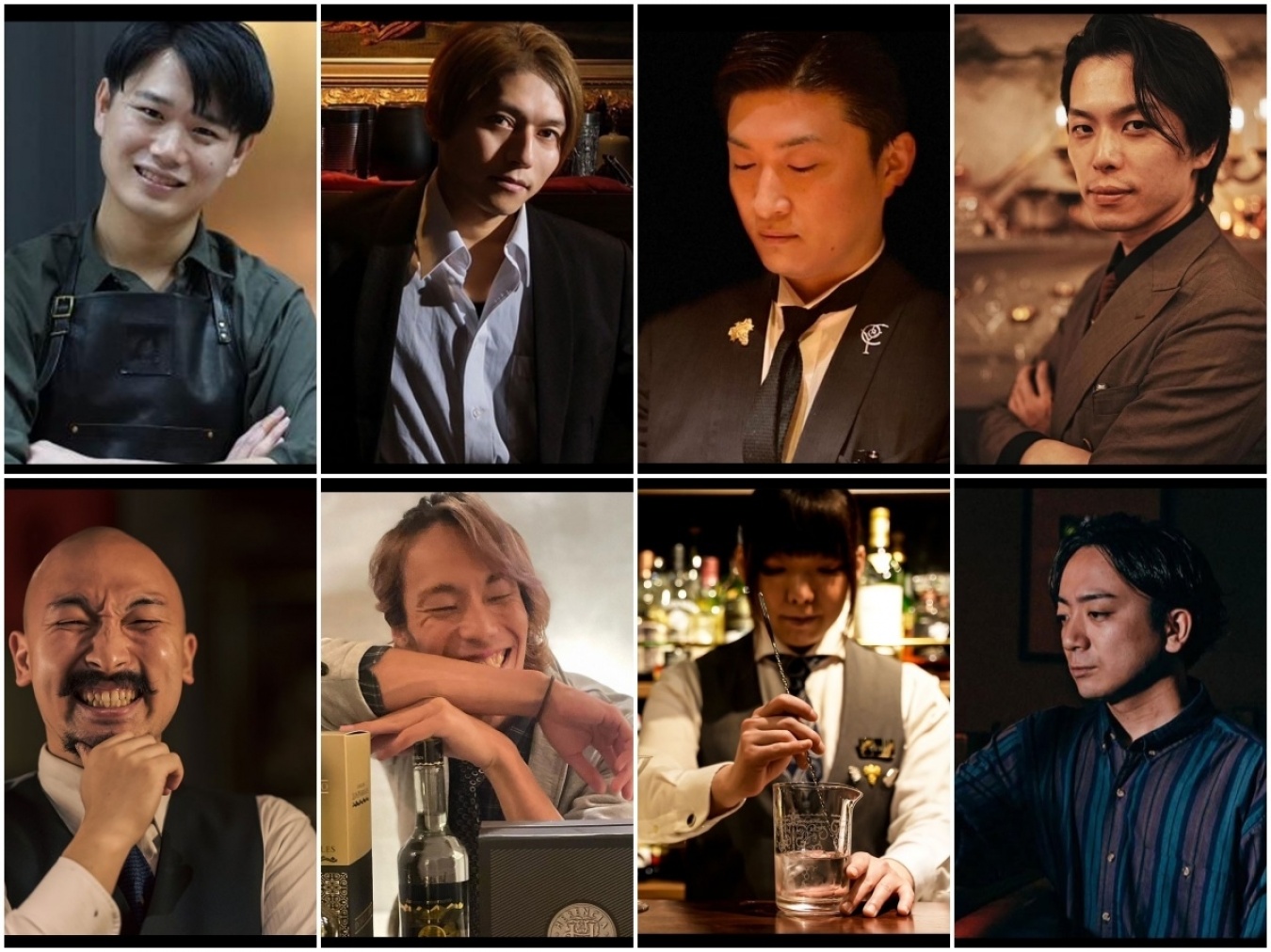 コンペに参加するコンペティターのみなさん。上段左から、「BAR LIQUID」（奈良）永田拓也さん、 「LE CLUB」（愛媛）山口透さん、 「PENDULUM CLOCK」（大阪）瀬川亮さん、 「BAR CROSSING」（東京） 村上雄基さん、下段左から、 「Bar BenFiddich」（東京）森脇拓さん、 「BAR Share laughter」（静岡）鈴木翔人さん、 「CLOVER CLUB」（東京）上田けいさん、 「retro back page」（宮城）大内爽平さん。　トップ画像写真提供：鹿山博康さん