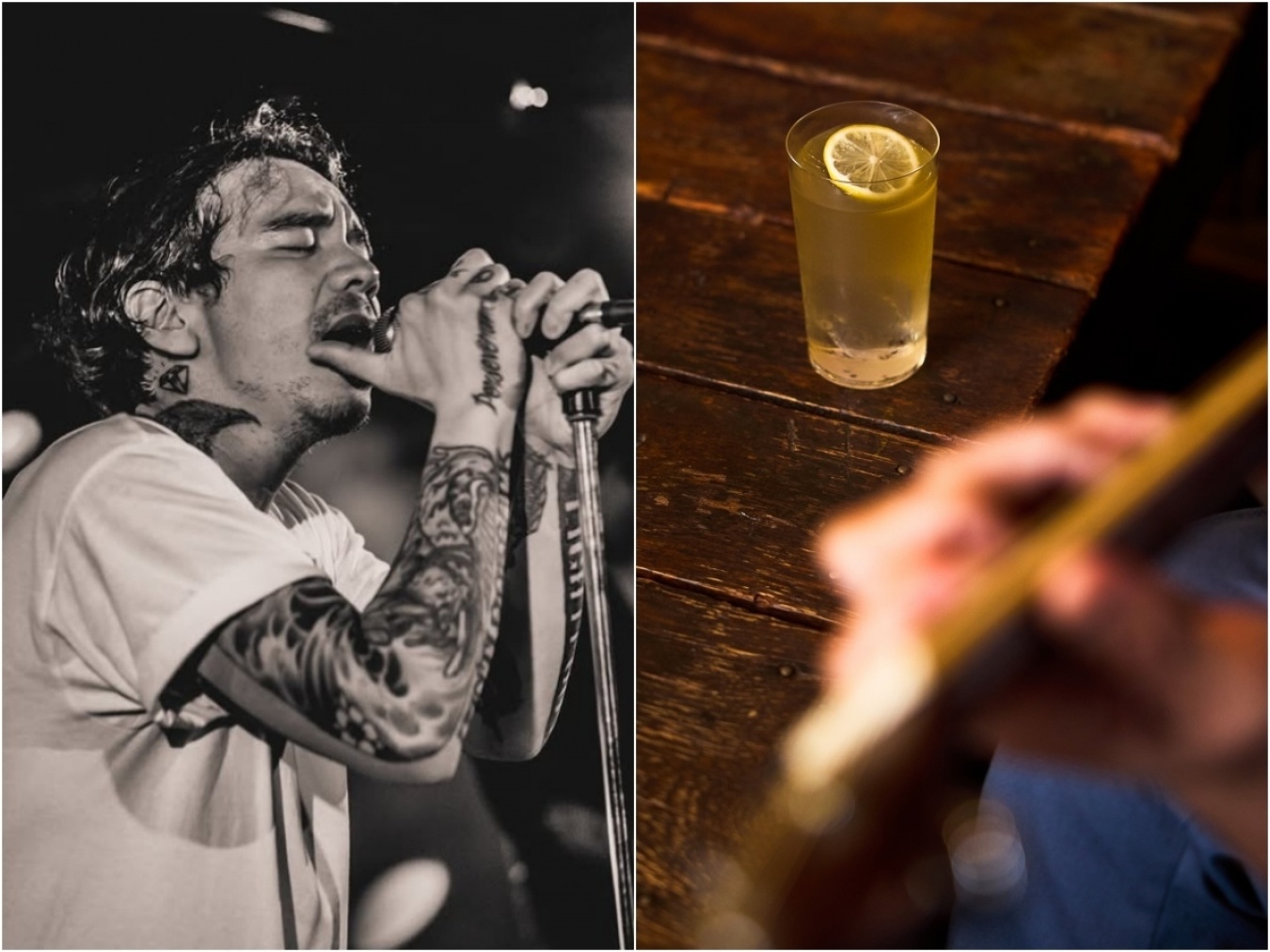 左：鉄井さんがボーカルを務める「chasedown.」のライブより。右：ギターの傍らにはお気に入りのドリンクが。