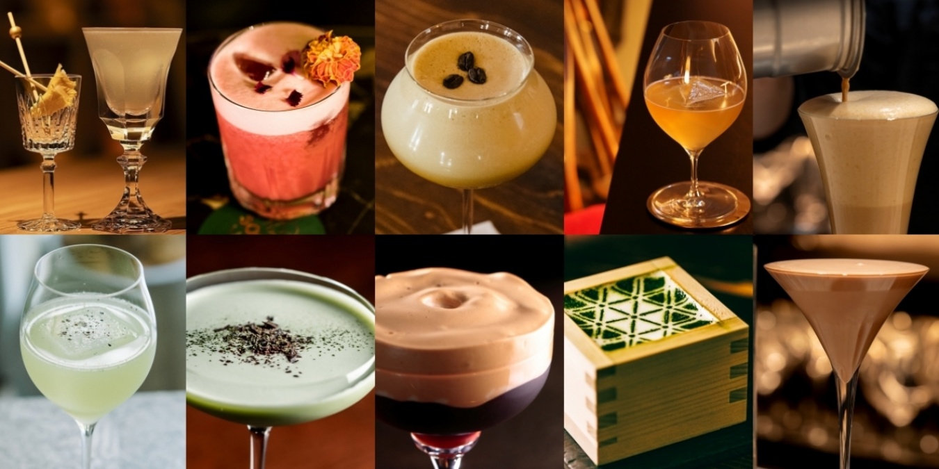 上段左から　11位： Pisco Sour of the Sun (BAR CROSSING ), 12位： Carnival (BKK Social Club),  13位： Espresso Martini (KARUDA),  14位： Illumination (Grace Note), 15位： Tom & Jerry (Chocolaterie & Bar ROND-POINT ),  下段左から　16位：Wine Of Citrus Heart (Zentis Osaka UPSTAIRZ),  17位： Matcha Grasshopper (The Bar Top Note Ⅲ), 18位：Over Espresso Martini (Bar K-9), 19位：Matcha Whisky Sour (Bar Alegre),  10位：Alexander (Chocolaterie & Bar ROND-POINT)