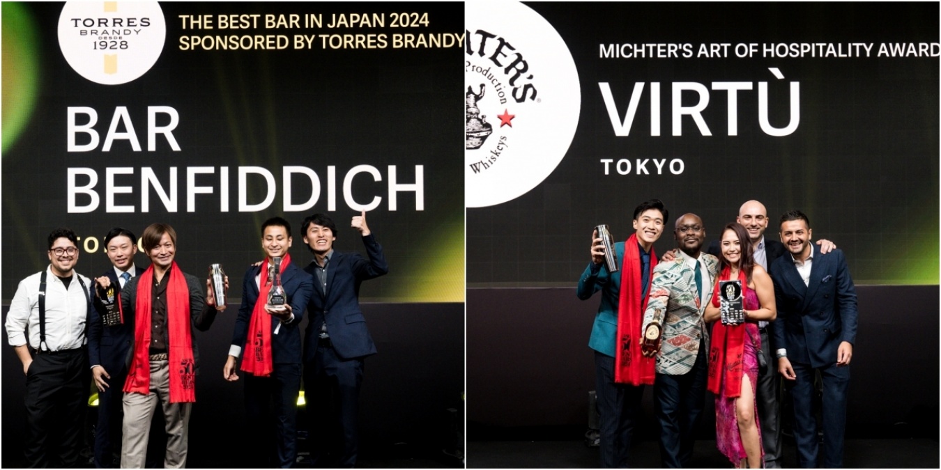 （左）Bar Benfiddickは、The Best Bar in Japanに。３年連続の快挙。（右）Michter’s Art of Hospitality Awardを受賞した「VIRTÙ / Four Seasons Tokyo at Otemachi」のチーム。