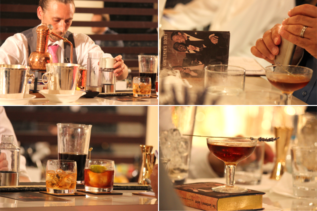 左上／昨年よりDrink Planetも注目していたUAE「Bar Zuma」のジミー・バラット氏。総合2位。　左下／ジミー・バラット氏のシグネチャーカクテル｢Zacapa Cola｣。 ロンサカパ23に、サカパと砂糖、アンゴスチュラ・ビターズ、ビターズ、クローヴ、ペドロ・ヒメネス、ヴァニラ・ビーンズをリダクションしたものを加えてシェイク。右上／｢Gentleman’s Secret｣の本。 右下／スペイン「Ohla Boutique Bar」のグイゼペペ・サンタマリア氏による、とてもポエティックなシグニチャーカクテル｢Gentleman’s Secret｣。ジョニーウォ－カーブルーラベル、洋梨リキュール、ペドロ・ヒメネス、ラベンダービターズをステア。 