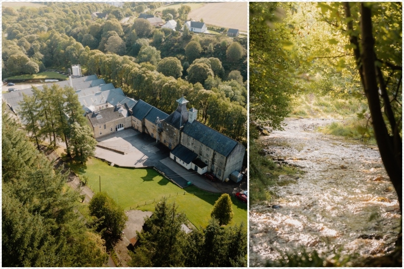 豊かなスコットランドの自然の中にあるSPEYBURNの蒸溜所。右は鮭が棲む清流「グランティ・バーン」。「こうしたスコットランドの素晴らしい景色を眺めながら飲むウイスキーは格別ですよ」とバクスターさん。写真提供:SPEYBURN